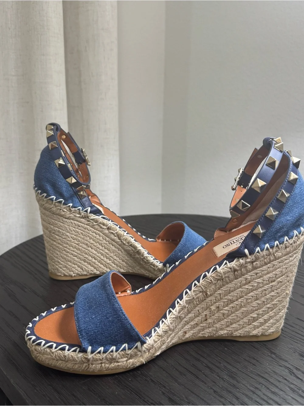 Valentino Garavani Rockstud Espadrille Wedge Sandals Denim Blue 39